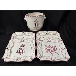 Pinewirth Portugal Pottery Red Pineapple Majolica RARE Utensil HLDR 4 Plates EUC